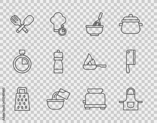 Tela Set line Grater, Kitchen apron, whisk with bowl, Saucepan, Crossed fork and spoon, Pepper, Toaster and Meat chopper icon