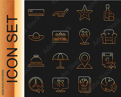Set line Location on the globe, Calendar and airplane, Armchair, Starfish, Signboard with text Hotel, Elegant women hat, Air conditioner and Plane icon. Vector