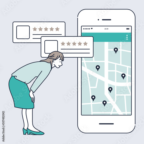 スマホで地図を検索してお店を探す女のイラスト素材｜mayucolor08