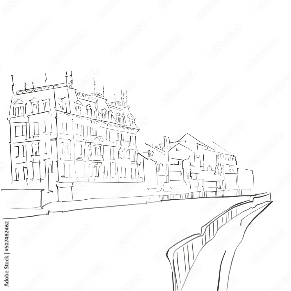 Urban Illustration for coloring. Background. River view. City. Line style

