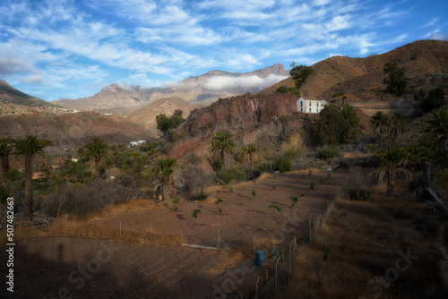 Rural landscape of Gran Canaria, Canary Islands, Spain with blue sky and clouds