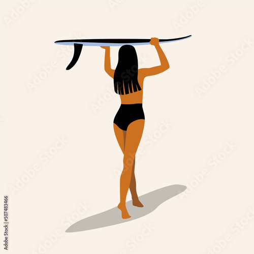 Surf girl minimalistic vector illustration. Flat style digital art. Young woman with surfboard in full growth