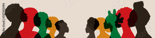 Silhouette face head in profile ethnic group of black African and African American men and women. Identity concept - racial equality and justice. Racism, discrimination. Juneteenth emancipation.