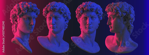 Digital 3D rendering set illustration of classical marble head bust sculpture rotated in 4 different views and isolated on background, pink and blue lit in vaporwave style color palette.