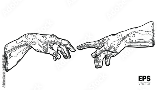 Vector illustration of hands reaching out for touch in black relief curves halftone vintage style design isolated on white background.
