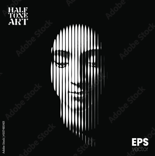 Halftone Art. Vector black and white illustration from 3d rendering of female face in vertical line halftone style isolated on black background.