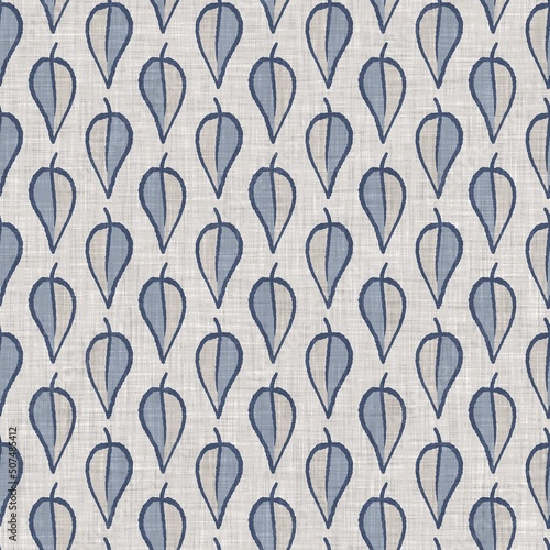 French blue botanical leaf linen seamless pattern with 2 tone country cottage style motif. Simple vintage rustic fabric textile effect. Primitive modern shabby chic kitchen cloth design.