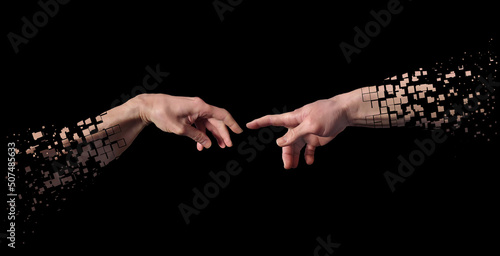 Disintegrating reaching hands concept illustration isolated on black background. photo