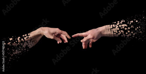 Slika na platnu Disintegrating reaching hands concept illustration isolated on black background