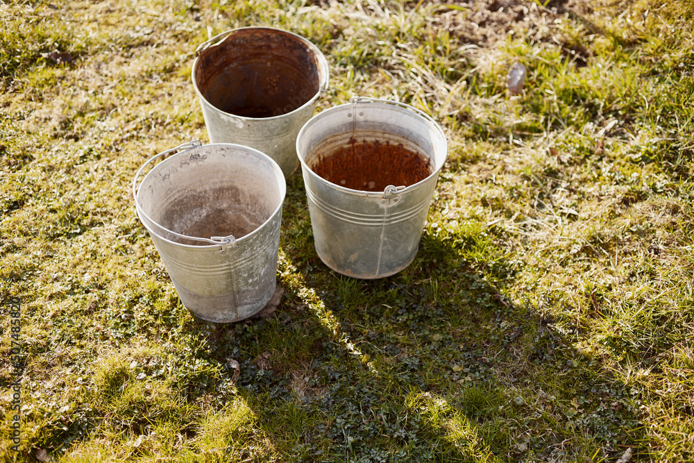 Obraz premium Three old iron buckets in the garden at sunset.