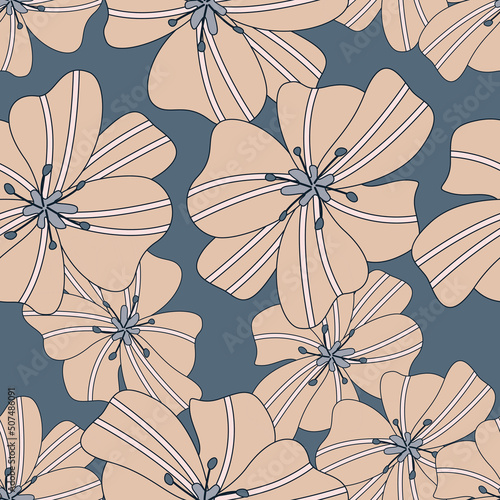 Seamless pattern with randomly arranged stylized mallows in beige and gray colors. Floral backdrop.