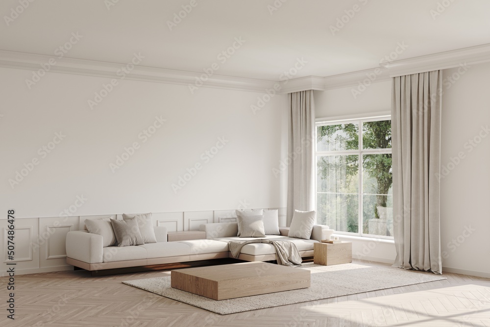 3d rendering of modern living room with cream sofa and wooden coffee table,  cornice. white wall , carpets on parquet, decor. Large windows with curtains  overlooking the garden Stock Illustration | Adobe Stock