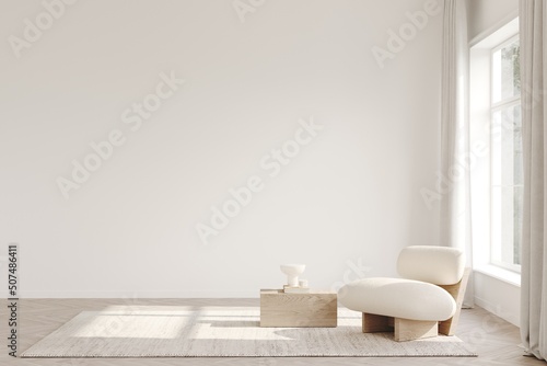 White room with fashionable sofa and a coffee table on a wooden parquet. Light and shadows on the foor. 3D rendering, layout for art presentation