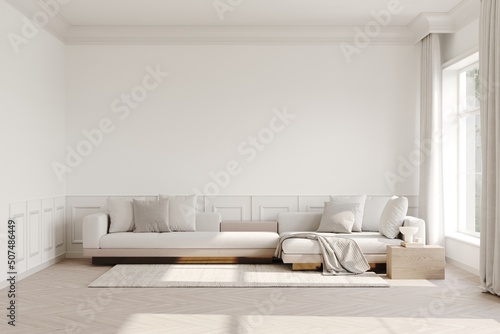 3d rendering of modern living room with cream sofa and wooden coffee table, cornice. white wall , carpets on parquet, decor. Light and shadows on the floor
