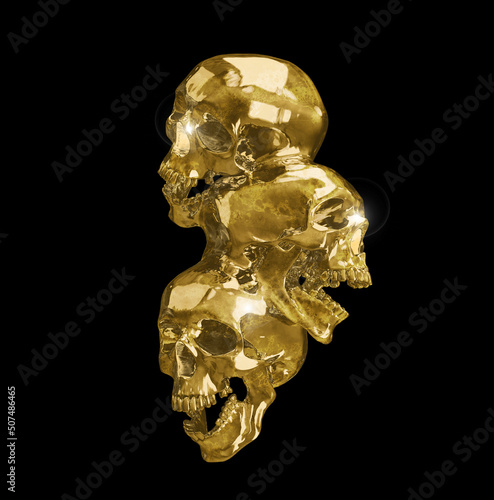 Abstract illustration from 3d rendering of a sculpture made of 3 fused distressed gold metal skulls isolated on black background.