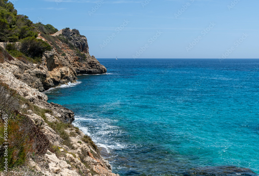 coast of island mallorca, near porto christo - mediterranean sea and cliffs at the shoreline