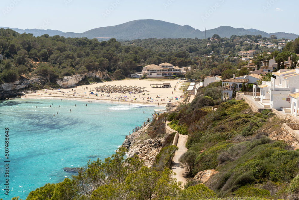 view of the mediterranean sea from the hill, Cala Estany d'en Mas, mallorca spain