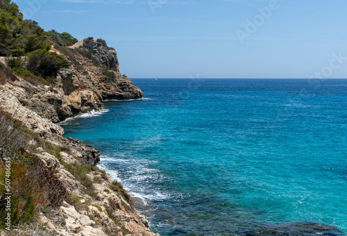 coast of island mallorca, near porto christo - mediterranean sea and cliffs at the shoreline