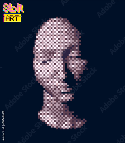 Concept vector illustration from 3d rendering of female face in 8 bit color style design isolated on black background.