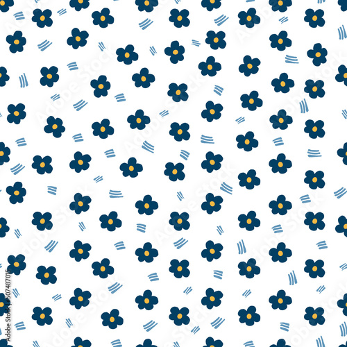Seamless pattern with small dark blue flowers and strokes on a white background.