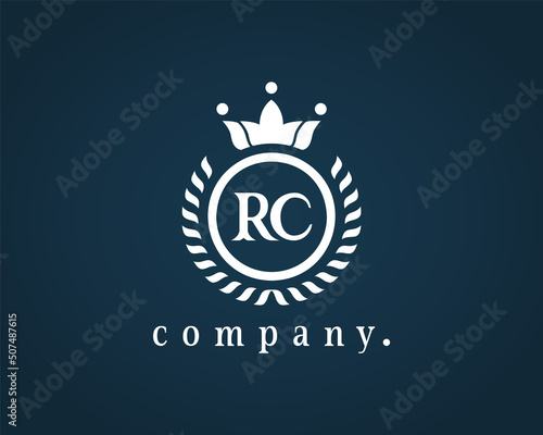 Letter RC, R C elegant crown emblem. Beautiful calligraphy laurel wreath crown monogram. Royal style initials letter logo. Graceful design for Restaurant, Cafe, Brand name, Badge, Label.