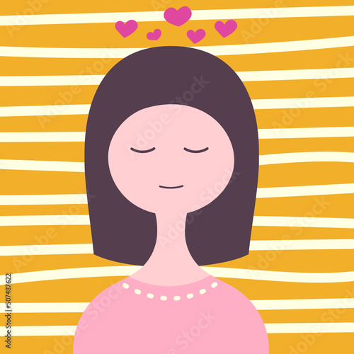 Dark-haired girl with closed eyes on a striped background. Calmness, confidence, trust, emotions.