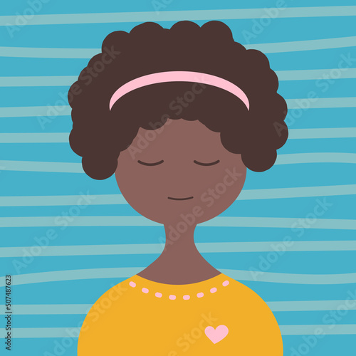 Dark-haired girl with closed eyes on a striped blue background. Calmness, confidence, trust, emotions.