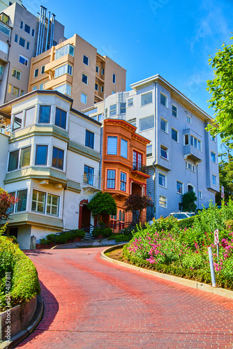 Colorful homes lining Lombard Street with curving brick road