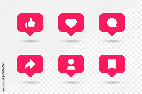 Social media notification icons in speech bubbles like love comment share follower save icon. thumbs up, heart bubble icons