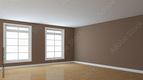 Interior Room Corner with Brown Walls  Two Large Windows  Light Glossy Parquet Floor and a White Plinth. Perspective View. 3d rendering with a Work Path on the Windows. 8K Ultra HD  7680x4320  300 dpi