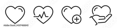 Heart icons set. Medicine symbol. Healthcare hand holding heart. Medical health care. Heart in linear design collection - stock vector.