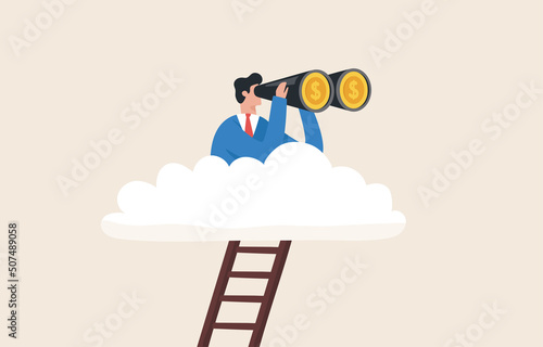 Look for financial opportunities. Finding investment knowledge. New financial innovations. Provide access to more diversified investment opportunities.  Businessman look through binoculars.