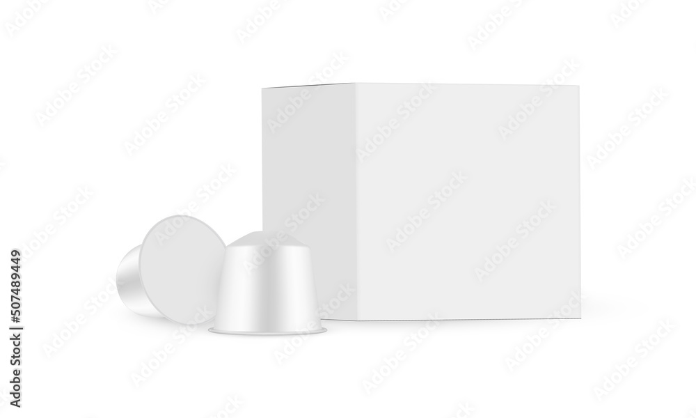 Coffee Capsules With Packaging Box Mockup, Side View, Isolated on White Background. Vector Illustration Coffee Capsules With Packaging Box Mockup, Side View, Isolated on White Background. Vector Illustration