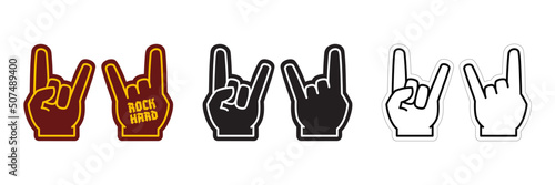 Rock fan vector gestures in both sides, horns fingers, vector eps with editable stroke. Hard rock concert fan finger template.
