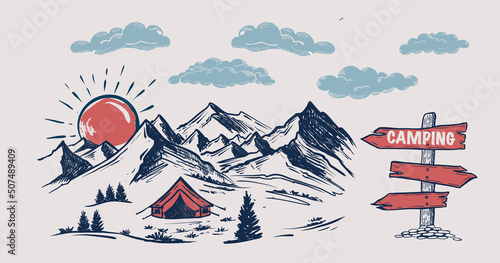 Camping time in nature, Mountain landscape, sketch style, vector illustrations.