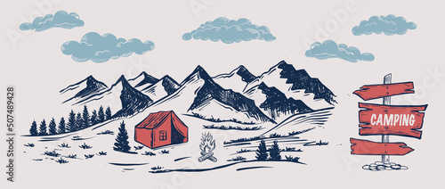 Camping time in nature, Mountain landscape, sketch style, vector illustrations.