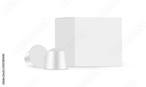 Coffee Capsules With Packaging Box Mockup, Side View, Isolated on White Background. Vector Illustration