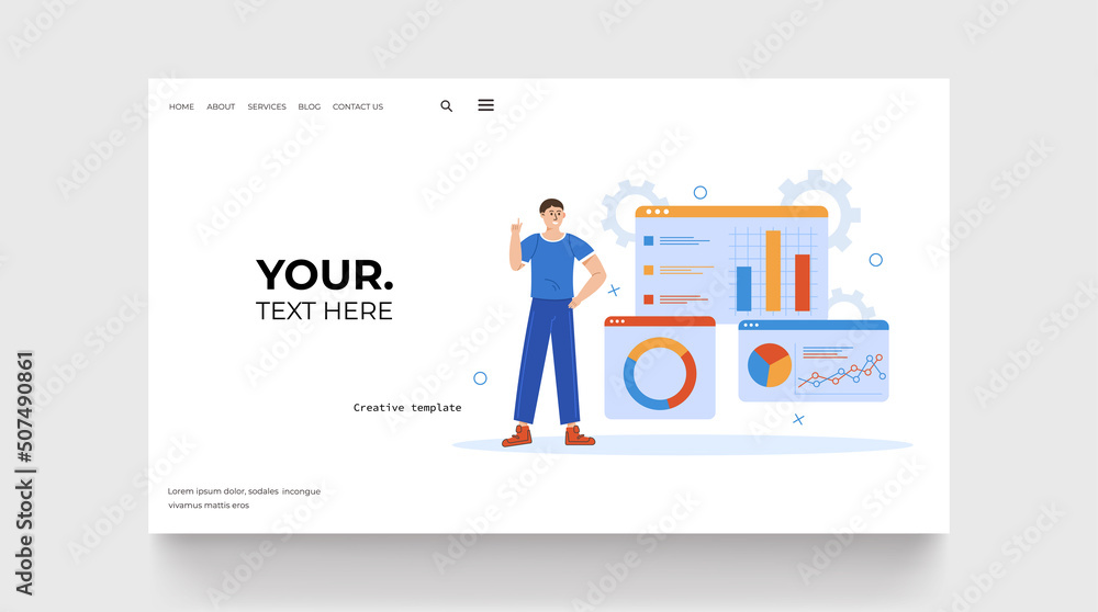 Business analytics concept landing page. Man standing around web window with graph and statistic. Vector illustration
