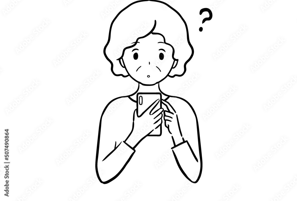 Fototapeta premium スマホで疑問を抱くシニア女性のモノクロ線画イラスト