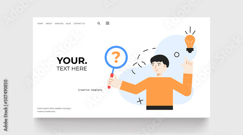 Person search answer on question landing page. Man in blue isolated background. Vector illustration concept.