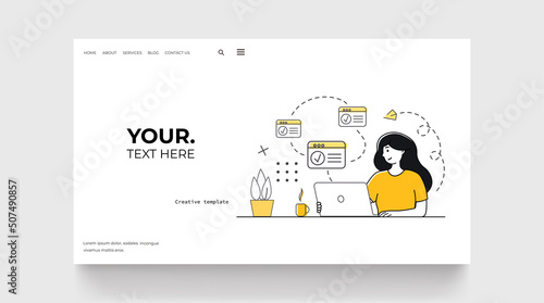 Multitasking concept landing page. Woman with web window and check mark. Vector illustration
