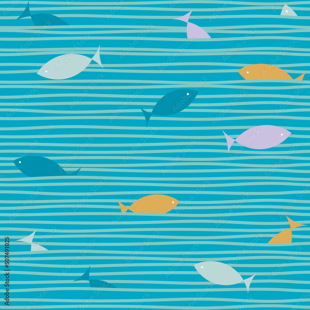 Obraz premium Hand drawn sea waves, school of fishes seamless pattern. Vector ocean, wave, fishes background. Nautical wallpaper design.