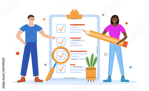 Young Man and woman with pencil standing around check list. All task check concept. Vector illustration