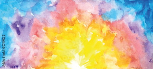 Watercolor background of sunrise, horizontal, bright, beautiful
