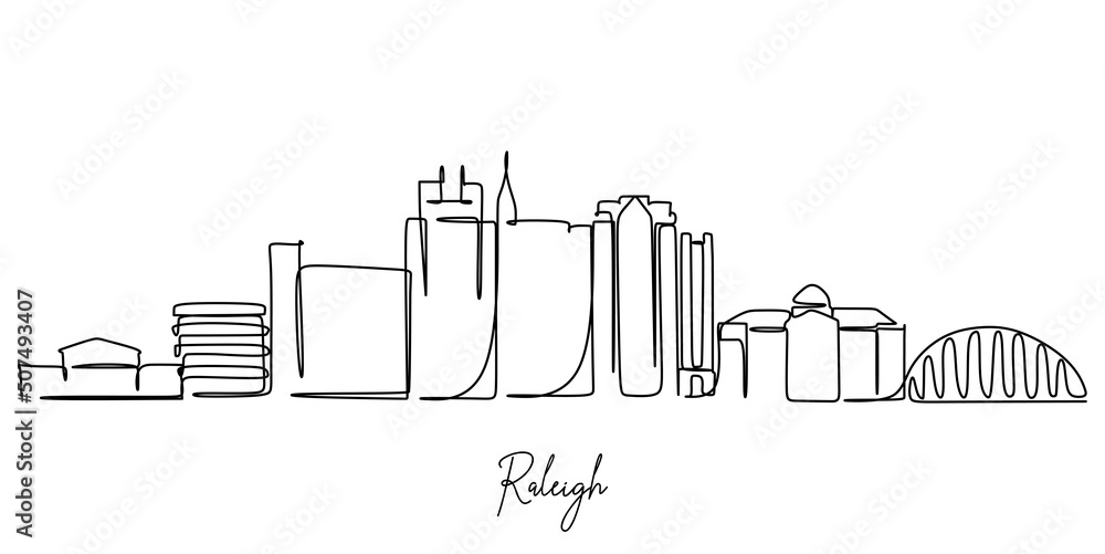 Obraz premium continuous stroke drawing of Raleigh North Carolina City Skyline. Beautiful landmark. World landscape tourism travel vacation poster print. Editable stylish stroke single line draw design