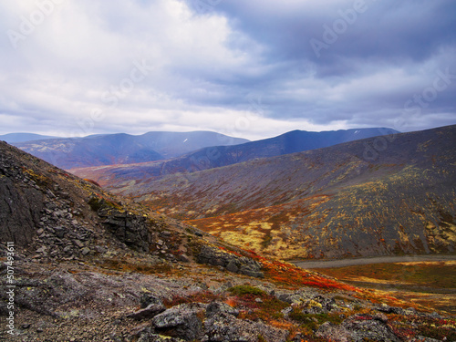 North Russia Khibiny mountains in autumn mountain lake and forest. Murmansk region