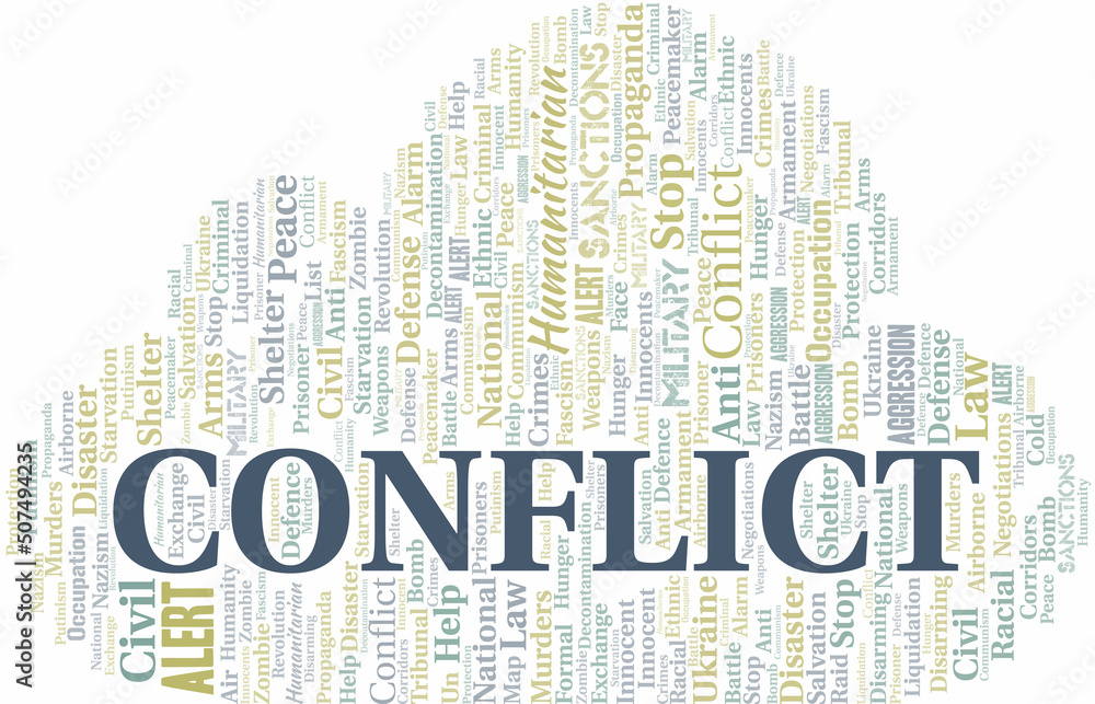 Obraz premium Conflict word cloud. Vector made with the text only.