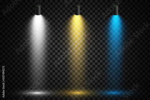 Set of colored spotlights on a transparent background. Bright lighting with spotlights. Spotlight white, blue, yellow.