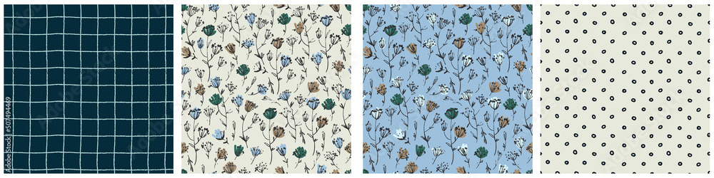Seamless patterns set with hand drawn meadow flowers in Ditsy style. Colorful illustrations for surface design and other design projects Seamless patterns set with hand drawn meadow flowers in Ditsy style. Colorful illustrations for surface design and other design projects
