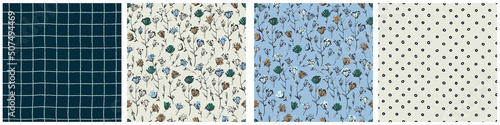 Seamless patterns set with hand drawn meadow flowers in Ditsy style. Colorful illustrations for surface design and other design projects